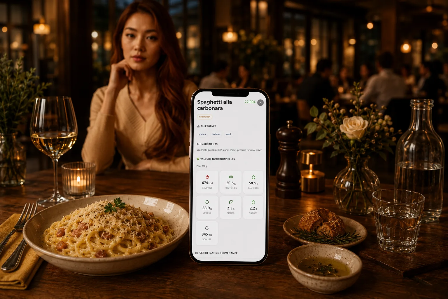 Cliente attablée dans un restaurant consultant la fiche NutriCert des spaghetti alla carbonara — allergènes, ingrédients et valeurs nutritionnelles — sur un téléphone posé à côté de l'assiette